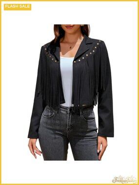 Faux Suede Leather Fringe Jacket Cropped Western Tassel Motorcycle Coat